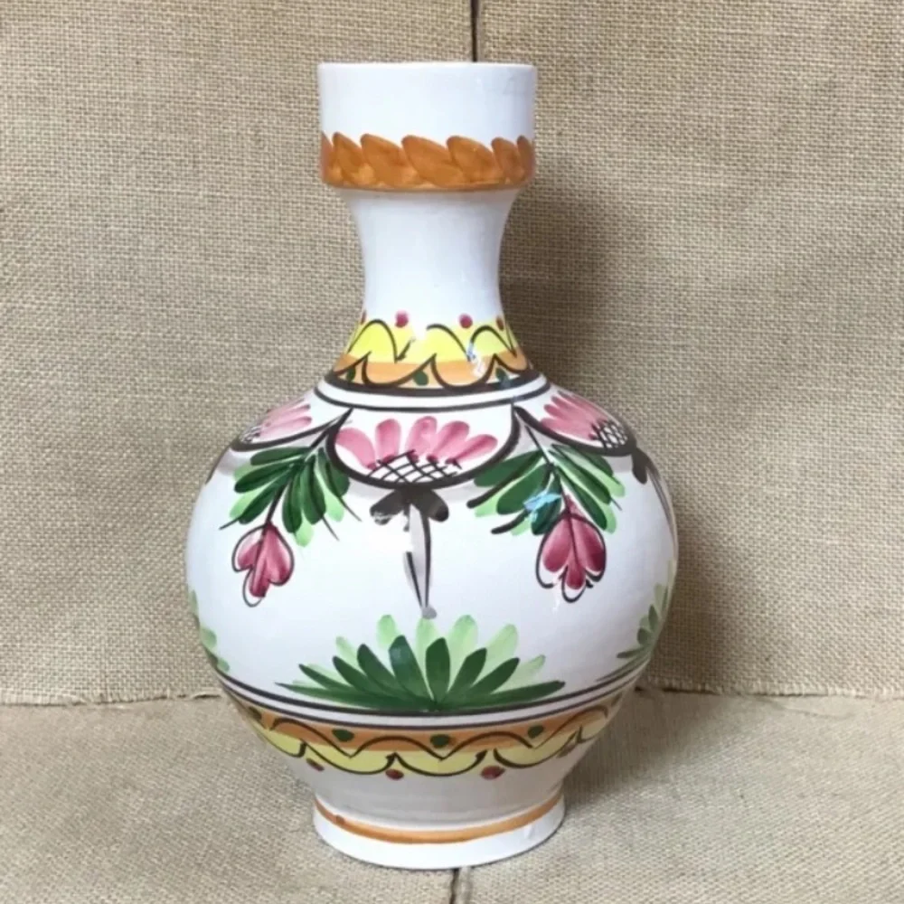 Hand Painted Bulbous Shabby Floral Vase Folk Art Pottery Cottage Core Colorful